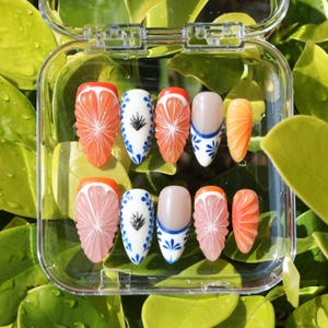 Custom Hand Painted Crystal Summer Fruit Almond Medium Almond Press On Nails |Greek Style Nails |Handmade Fake Nails | Juicy Orange Nails