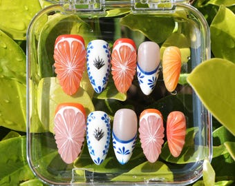 Custom Hand Painted Crystal Summer Fruit Almond Medium Almond Press On Nails |Greek Style Nails |Handmade Fake Nails | Juicy Orange Nails