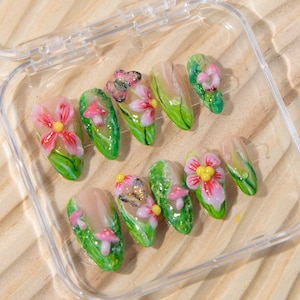Press On Nails with Pink Flower & Mushroom , 3D Nature Fake Nails, Handmade Spring Nail Art for Holiday, Vacation, Birthday nail, Green nail