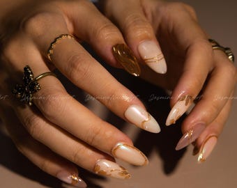 Gold Flower Press On Nails: Pink Cat Eye, Metallic Leaf Design