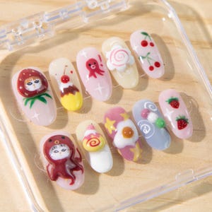 3D Sculpted Cute Cat & Food Nails | Kawaii Y2K Nails | Strawberry Dessert Nails | Party Press On Nails | Almond Shape | Cat Lover Gift