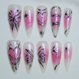 Blush Pink Press On Nails/Y2k Nails/Silver Metal Nails/Butterfly Nails/Cute Nails/Kawaii Nails/3D Chrome Nails/Birthday Nails#003