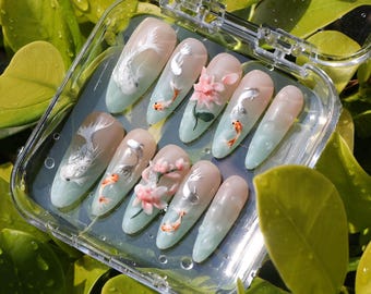 Koi Pond Tranquility Press On Nails | Floral Koi Acrylic Set | Zen-Inspired Nail Art | Serene Water Garden Nails | Handmade Bliss Nails