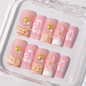 Vibrant Pink Tropical Flower With Shell  Nails | 3D Handmade Medium Square Press-On Nails | Perfect for Holidays, Vacations, and Birthdays