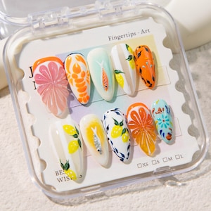 Tropical Citrus & Fish Press On Nails | Hand-Painted Summer Nail Art | Lemon, Fish, and Floral Designs | Fun Vacation Nails | Fruit Nails