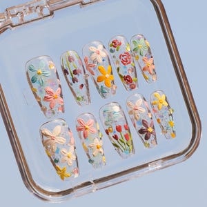 Hand-painted Japanese-style  Nails | Unique Transparent Design Nails | Medium Coffin Nails | Wedding Nails | Spring/Summer Nails