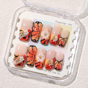 Hand-Painted Floral & Butterfly Press-On Nails | Custom Handmade Orange , Black Nail Art with 3D Flowers | Elegant Fall with Spring Design