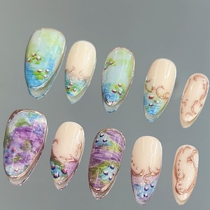 Prato primaverile nello stile di un dipinto ad olio di Monet /Arte dipinta a mano /Unghie adesive /Unghie eleganti /Unghie finte /Vacanze, regali per lei
