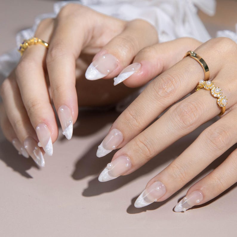 Handmade Pearl French Press On Nails | Elegant Wedding Fake Nails | Short Almond Oval Y2K Nails | Reusable Bridal Nail Set image 8