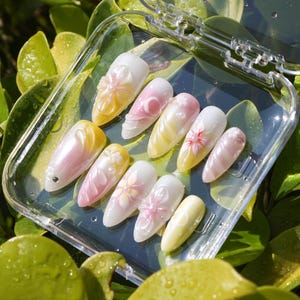 Custom Hand Painted Japanese Ombre Flowers Elegant Medium Almond Press On Nails | Spring Nails |Wedding Nails |Gift For Her