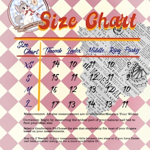 May include: A pink and white checkered background with a size chart for nail tips. The chart shows measurements in millimeters for thumb, index, middle, ring, and pinky fingers in sizes XS, S, M, and L.