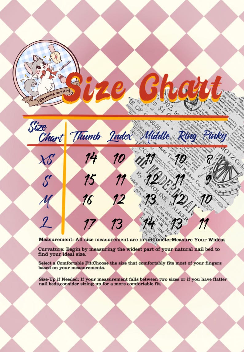 May include: A pink and white checkered background with a size chart for nail tips. The chart shows measurements in millimeters for thumb, index, middle, ring, and pinky fingers in sizes XS, S, M, and L.