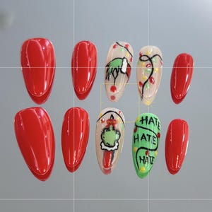 クリスマス デザイン プレスオン ネイル | サンタ ネイル | グリンチ ハンド プレスオン ネイル | クリスマス ネイル | 悪魔の手のフェイク ネイル セット