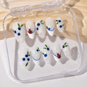 Hand-Painted Blueberry & Flower Press-On Nails – 3D Ladybug Accent | Whimsical Nature-Inspired Nail Art Set ｜White Garden Press-On Nails