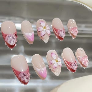 3D-droge boomgaardtuin pers op nagels | Amandelnagels | Handgeschilderde nagels | Bloemennagels | Shell French Nails|Roze designnagelkunst