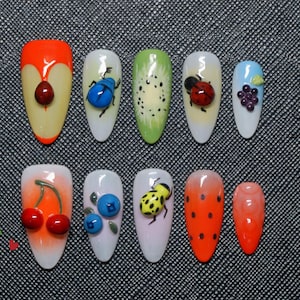 Custom Hand Painted 3D Fruit and 3D Lady Bugs Medium Almond Press On Nails |Luxury 3D Apples and Blueberries Press On Nail |Y2K Nails
