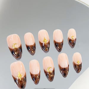 Custom Hand painted Brown Leopard French Medium Almond Press On Nails |Starburst and Moon Acrylic Fake Nail Art | Autum Nails