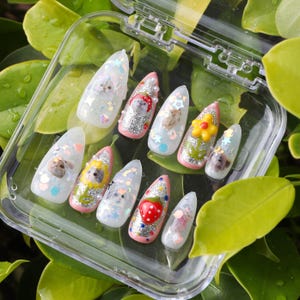 Hand-painted press on nails |party press on nails |3d strawberry nails |cute nails |cat lover nails |almond nails| y2k nails