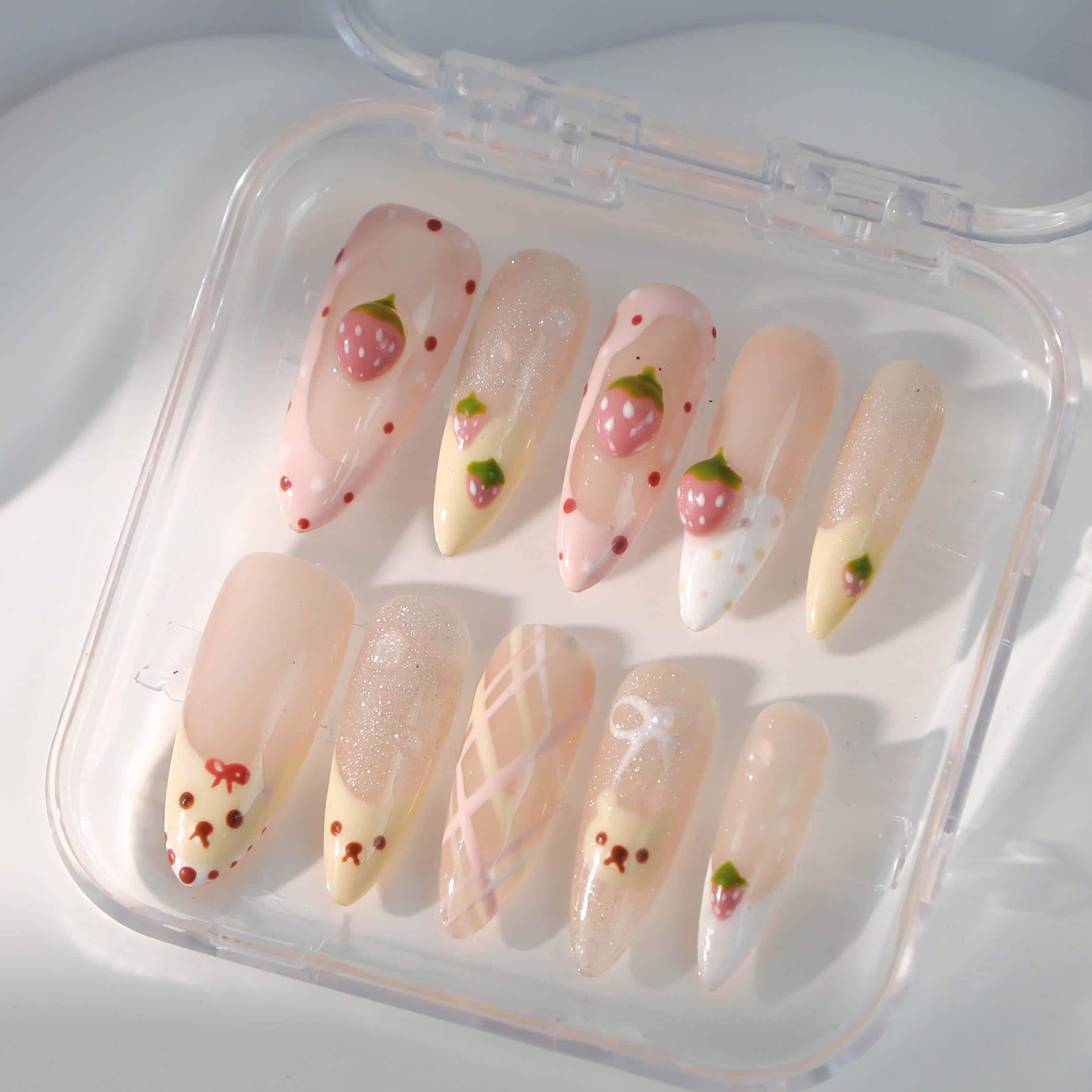 Custom Hand-painted Cute Bear Press On Nails |3D Strawberries Press On Nails | Sweet Design Nails Art |Y2k Nails|Custom Reusable False Nails
