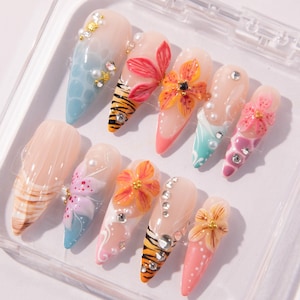 Tropical Ocean Press-On Nails, 3D Flower Pattern | Rectangular Beach Leopard and Shell Print | Handmade Summer Vacation Nails