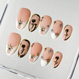 Elegant Hand Painted Metal Rose & Starburst Short Almond Press On Nails | Gentle French Design Nail | Handmade Nail Art for Wedding, Holiday