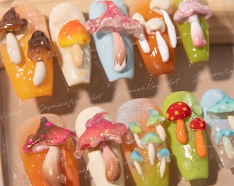 Handmade Mushroom Press On Nails: Mystic Woodland Nature Art