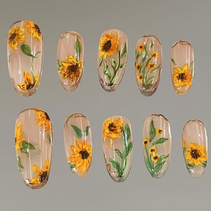 Van Gogh Sunflower Oil Painting Style Retro Nails | Hand-Painted Press On Nails | Artistic Floral Design | Yellow Summer Nails| Gift Idea