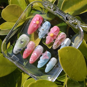 Hand-Painted 3D Flowers Press On Nails | Custom Floral Nail Art | Elegant Feminine Design | Reusable False Nails for Special Occasion