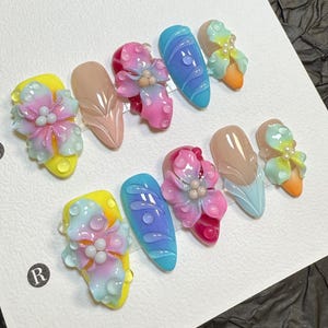 Tropical Colorful 3D Flower Summer Press On Nails | Oombre Gel Design Nails | Fake Nails for Vacation or Beach Holiday, Gift for Her