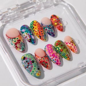 Hand-Painted Color Pop Press On Nails: 3D Dot Art, Y2K Rainbow