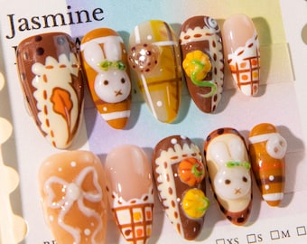 Unghie finte autunnali con coniglietto - Nail art 3D con zucca e coniglio, unghie autunnali a quadri marroni, design per unghie per la stagione dei maglioni, set di unghie fatto a mano