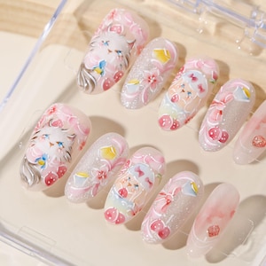 Japanese 3D Cat & Bunny Nail Art | Hand-painted Embossed Kawaii Press On Nails | Cute Animal Gel Nails | Custom Gift for Her