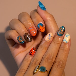 Colorful Boho Press On Nails | Hand-Painted Moon, Floral & Swirl Nail Art | Mixed Pattern False Nails Set | Unique Artistic Acrylic Nails