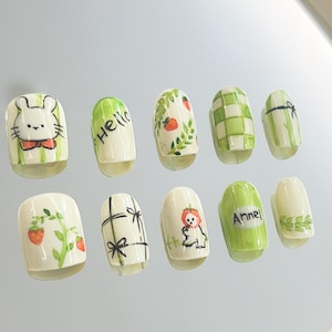 Hand-Painted Bunny & Strawberry Press On Nails|Party Press On Nails| Flakes For Nails| Cute Nails |Short Square Nails | Y2k Nails