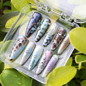 Hand-painted press on nails |party press on nails |Gothic press on nails |Metal nails |3d gel nails |Long almond nails| y2k nails