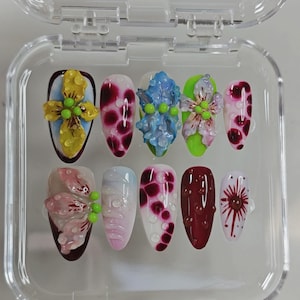 Luxury*Colorful Trending 3d Flower Design Nail Art | Long Coffin Press-On Nails | Artistic Nail Art |Acrylic Nails |Vacation Nails
