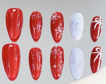 Weihnachtsdesign Kurze Pressennägel | Weihnachtsmann Nägel | Weihnachtliche Essential Nägel |Handbemalte Press-Nägel |Süße Nägel |Winter Nägel