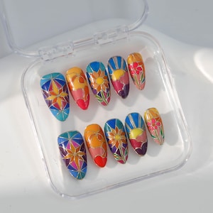 Hand Painted Colorful Glass Press On Nails |Beautiful Flower Windows Design Nails | Elegant and Trendy Nails Designs | Unique Nails