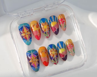 Uñas postizas de vidrio coloridas pintadas a mano / Hermosos diseños de ventanas de flores / Diseños de uñas elegantes y modernos / Uñas únicas