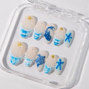Blue Ocean-Inspired Nails | Hand-Painted Sea Turtle, Shark & Shell Design | Unique Beach-Themed Press-On Nails