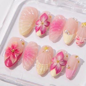 Tropical Floral  Nails | 3D Pink Flower With Seashell Nail Art | Handmade Acrylic Nail with Pearl & Gold Accents | Summer Vacation Nails