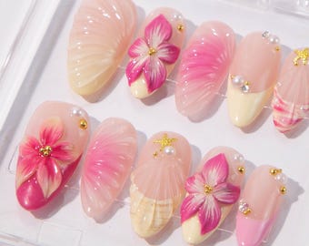 Tropical Floral  Nails | 3D Pink Flower With Seashell Nail Art | Handmade Acrylic Nail with Pearl & Gold Accents | Summer Vacation Nails