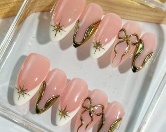 Gold Starburst Press-on Nails: Elegant French Style, Handmade Japanese Nail  Art - Etsy