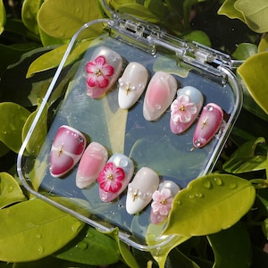 Aangepaste handgeschilderde Japanse stijl 3D-bloemen elegante korte amandelpers op de nagels | Ombre roze pers op de nagels | Bruiloft nagels | Strandnagels