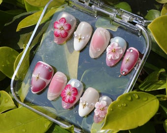 Custom Hand Painted Japanese Style 3D Flowers Elegant Short Almond Press On Nails |Ombre Pink Press On Nails |Wedding Nails |Beach Nails