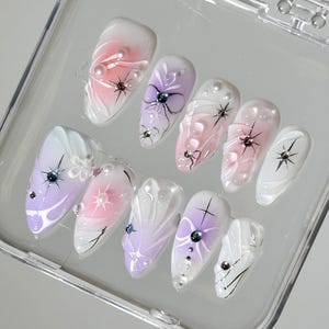 Elegant  Blue & Pink Blush Nails | 3D Gel Design Nails Art | Cute Bows Press On Nails |Almond Nails | Gentle Design For Wedding Nails