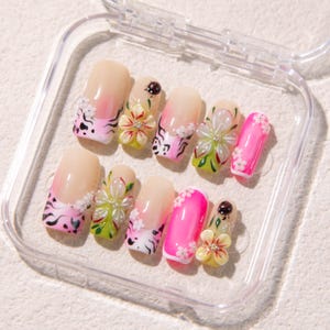 Bright Pink Press On Nails | 3D Ladybug Design | Hand-Painted Floral Nails | Vibrant Pink & Red Nail Art | Cute Bug Nail Set | Summer Nails