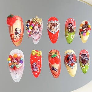 Hand-Painted Y2K Cute Kawaii Kitty and Puppy Orange CherryHand-Painted|Party Press On Nails| Flakes For Nails|Cat Lover Nails | Y2k Nails