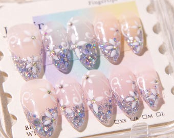 Floral Glitter Press-On Nails – Holographic White Flowers, Pink Purple Gradient