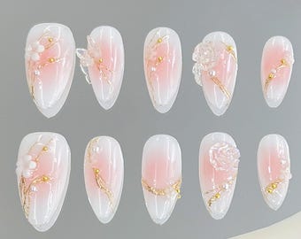 Hand-painted Peach pink press on nails |3D butterfly press on nails |party press on nails |fairy heart nails for wedding birthday party .